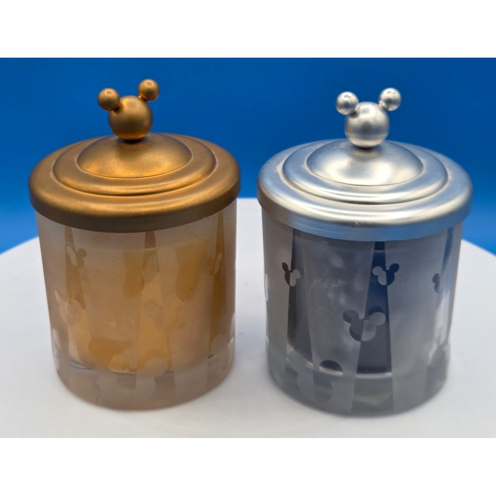 Disney Mickey Mouse Frosted Glass Candle Set Gold Silver Metallic Lids 2pk